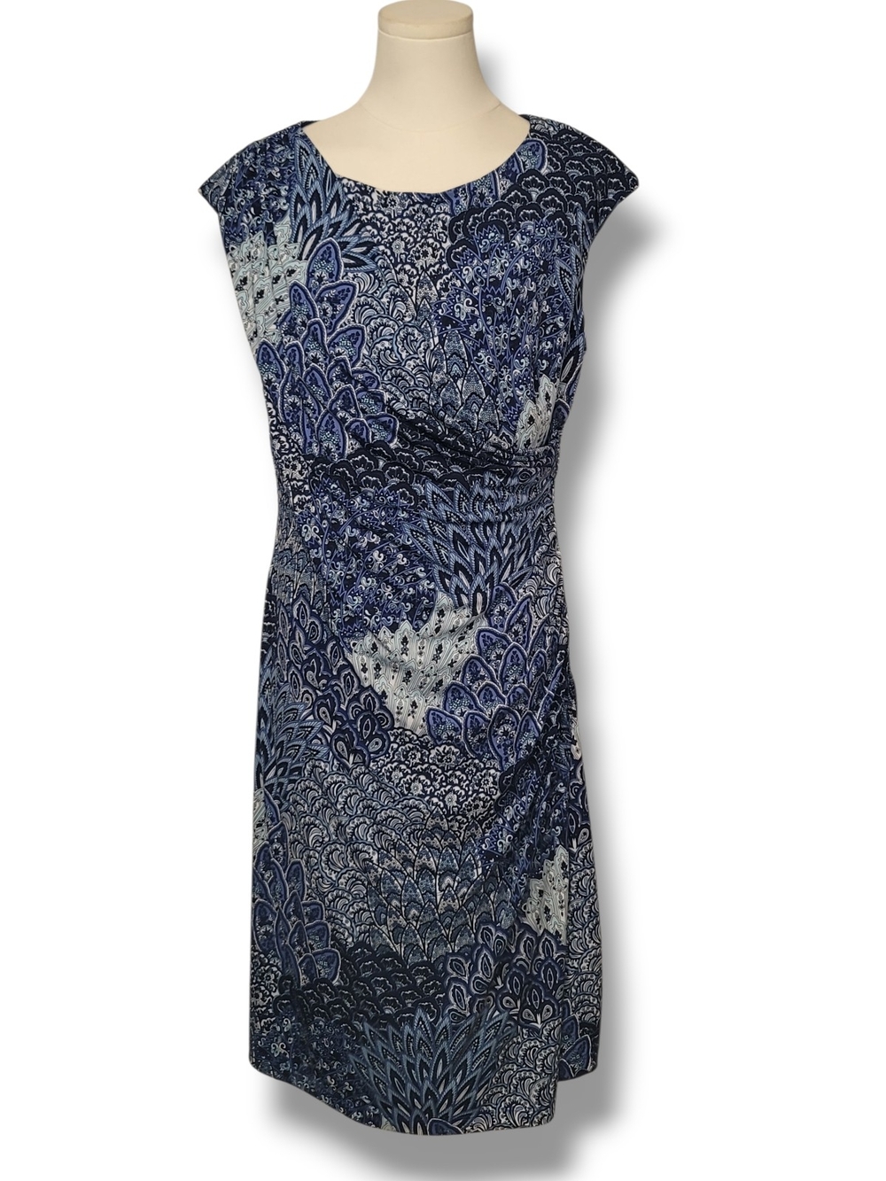 CONNECTED APPAREL - Size 14 Blue Patterned Cap Sleeve Dress - Picture 6 of 7